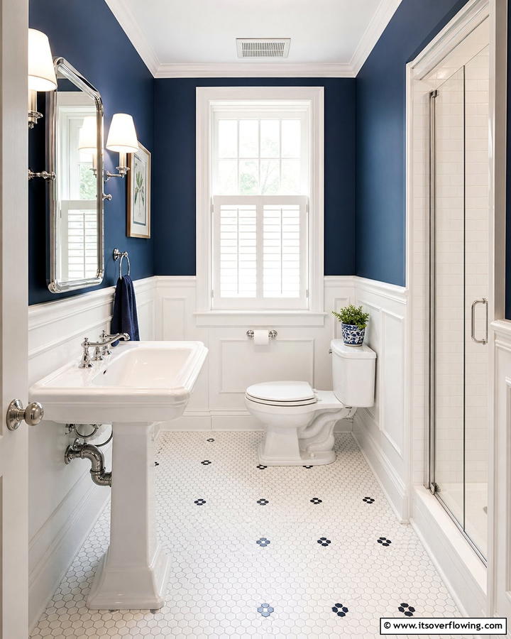 Wainscoting in White with Blue Walls - 25 Blue and White Bathroom Ideas for a Fresh Look