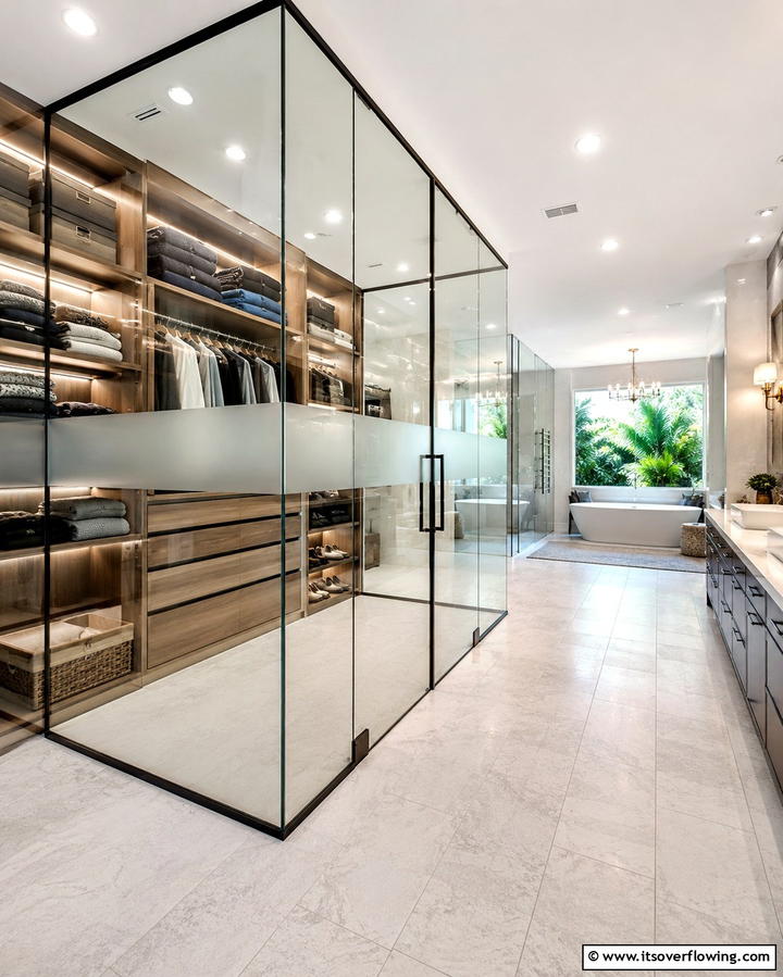 Walk In Closet with Glass Panels - 25 Bathroom Closet Ideas to Maximize Storage and Style