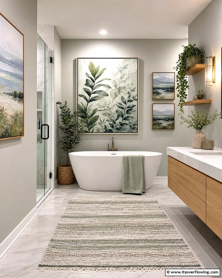 Wall Art Serenity with Nature Motifs - 30 Serene Spa Decor Ideas for a Relaxing Bathroom Retreat