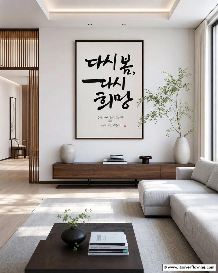 Wall Art with Calligraphy - 20 Korean Living Room Ideas for a Minimalist Space