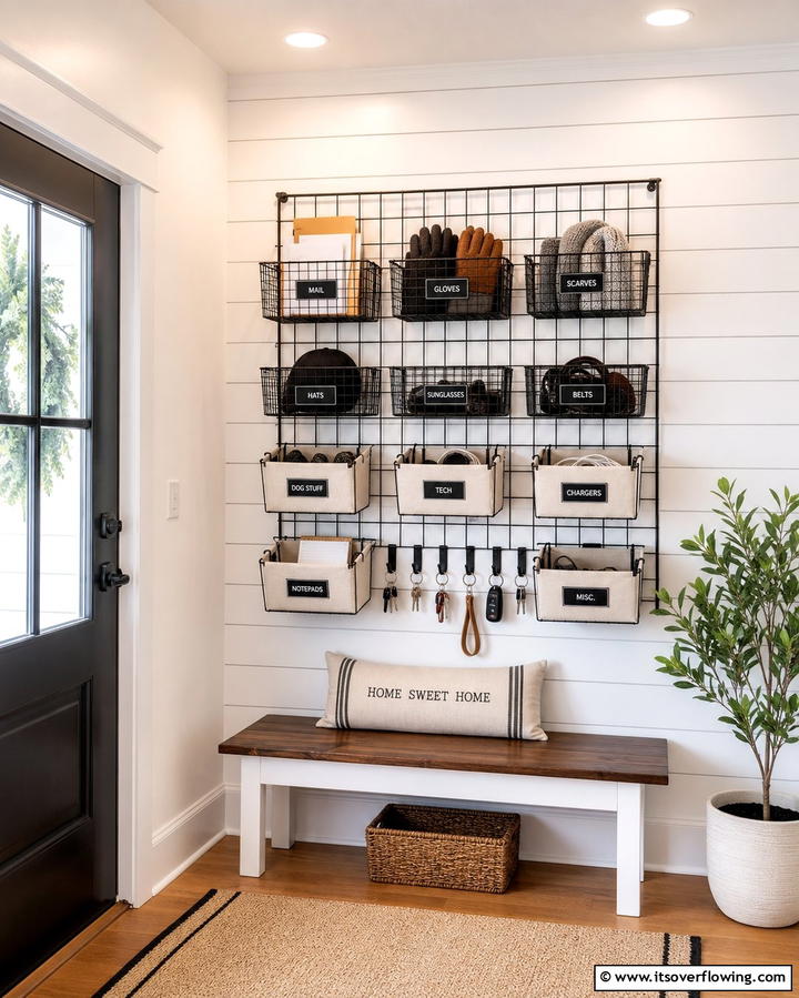 Wall Mounted Basket System - 25 Drop Zone Ideas to Keep Your Home Organized and Tidy