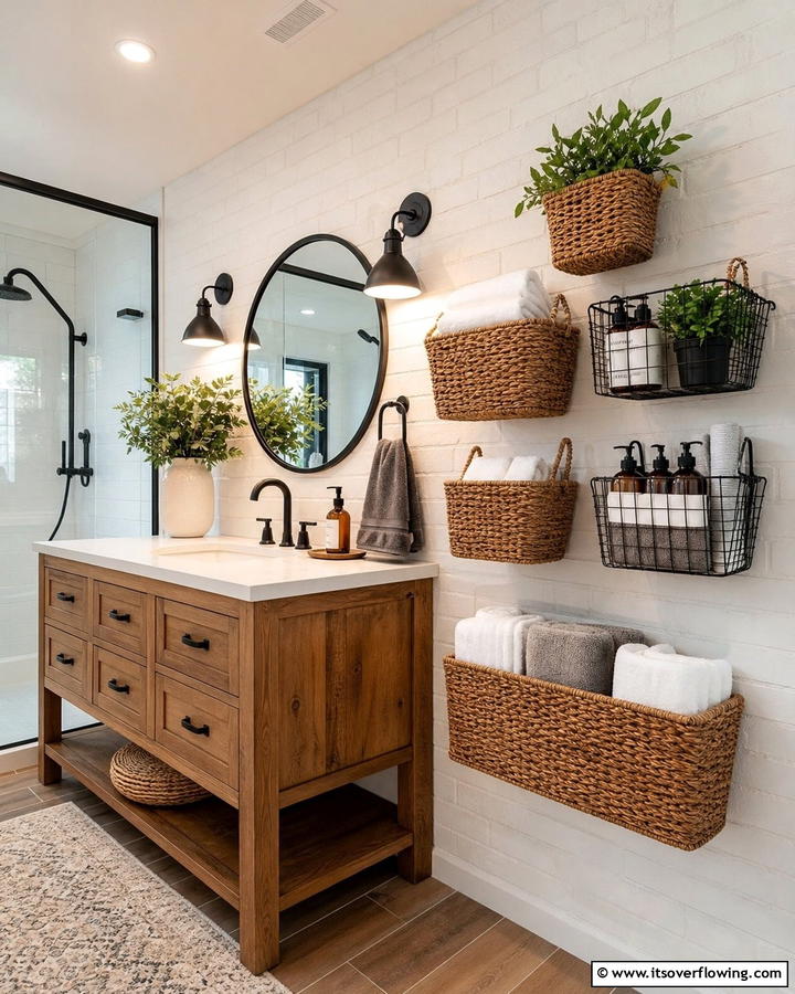 Wall Mounted Baskets - 20 Bathroom Wall Storage Ideas for Organization
