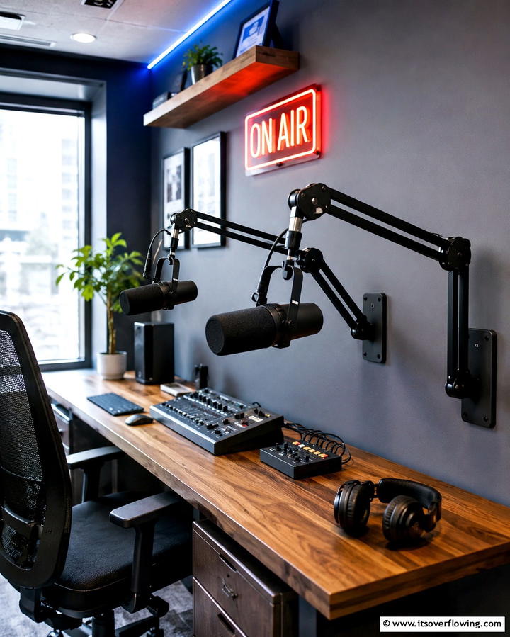 Wall Mounted Microphone Arms for Flexibility - 25 Podcast Room Ideas for a Professional Setup