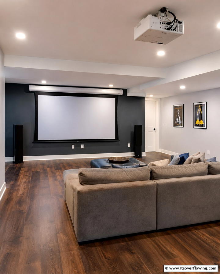 Wall Mounted Projector Screen for Space Efficiency - 25 Basement Home Theater Ideas for Movie Nights