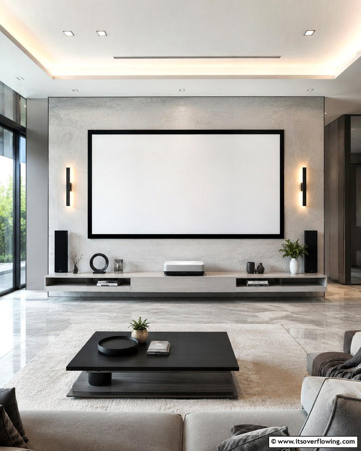 Wall Mounted Projector Screen - 30 Media Room Ideas for Ultimate Living Room Entertainment