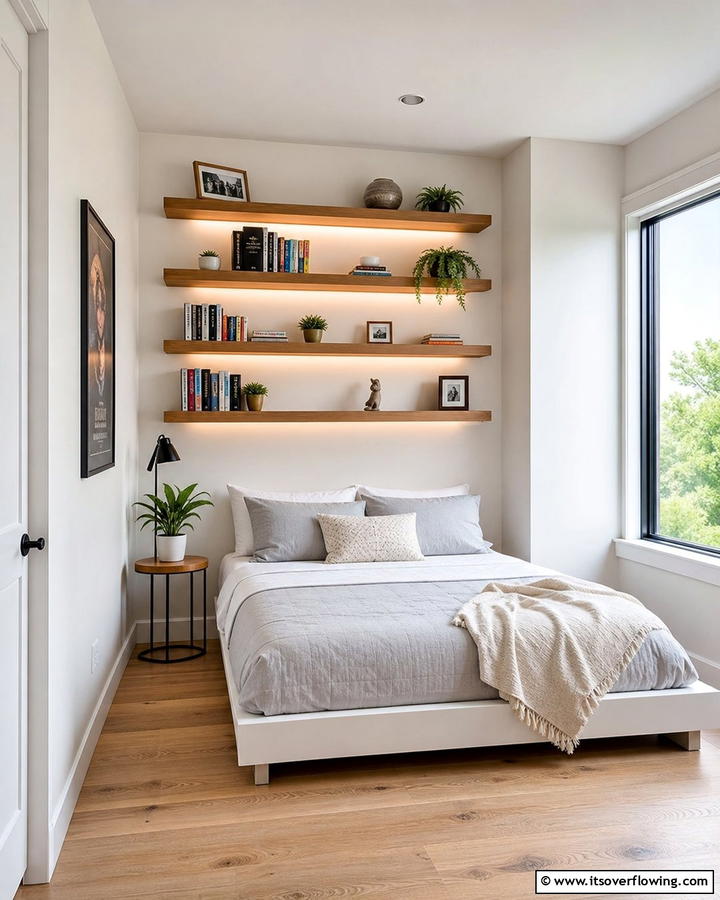 Wall Mounted Shelves - 21 Small Bedroom Organization Ideas to Maximize Space