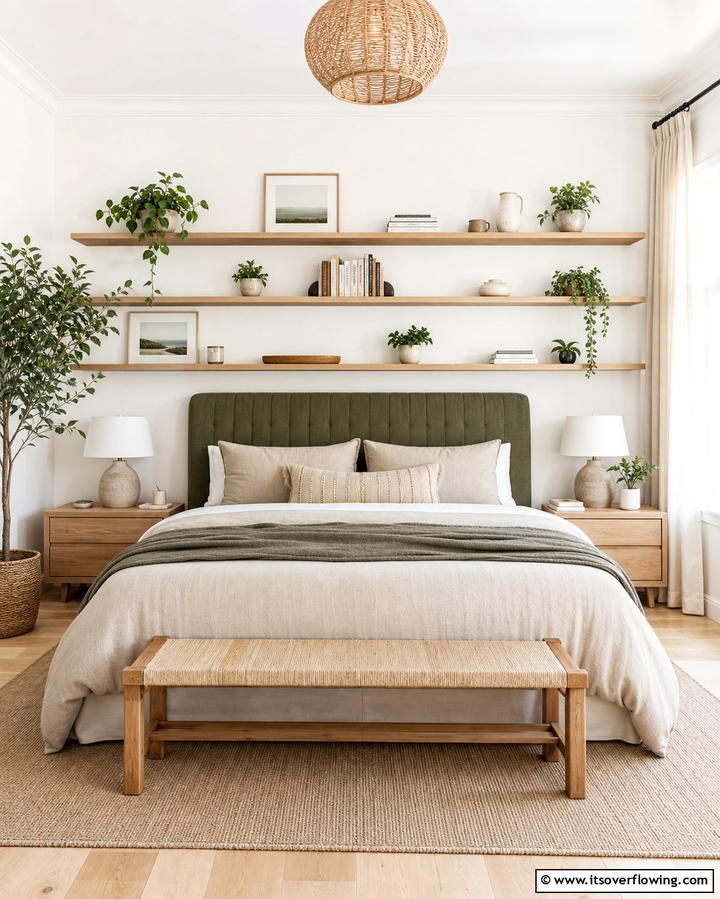 Wall Mounted Shelves Above the Bed - 25 Bedroom Layout Ideas for Optimal Space Use