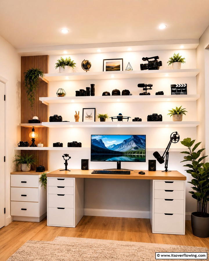 Wall Mounted Shelves for Gear - 25 Inspiring Content Creator Room Ideas for Productivity