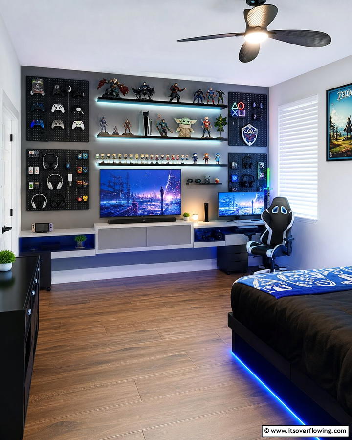 Wall Mounted Storage Solutions - 25 Boys Gaming Bedroom Ideas for the Ultimate Gaming Setup