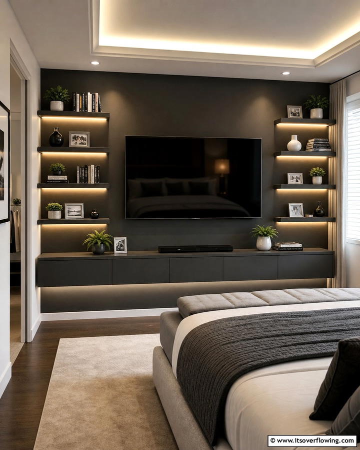 Wall Mounted TV with Floating Shelves - 25 Bedroom TV Ideas for Stylish Entertainment