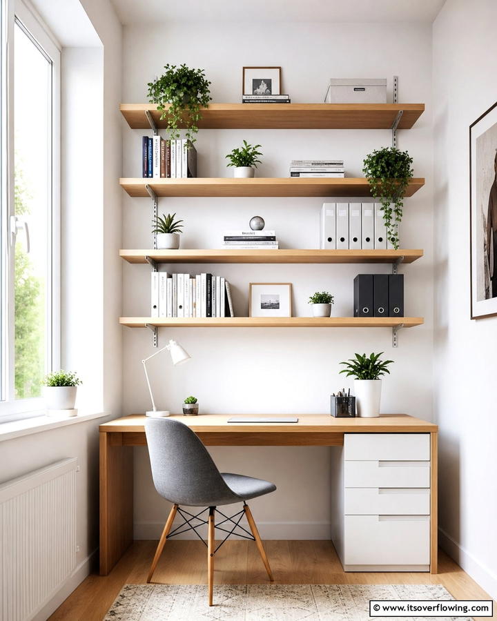 Wall mounted Shelving - 21 Small Office Ideas to Maximize Productivity in Tight Spaces