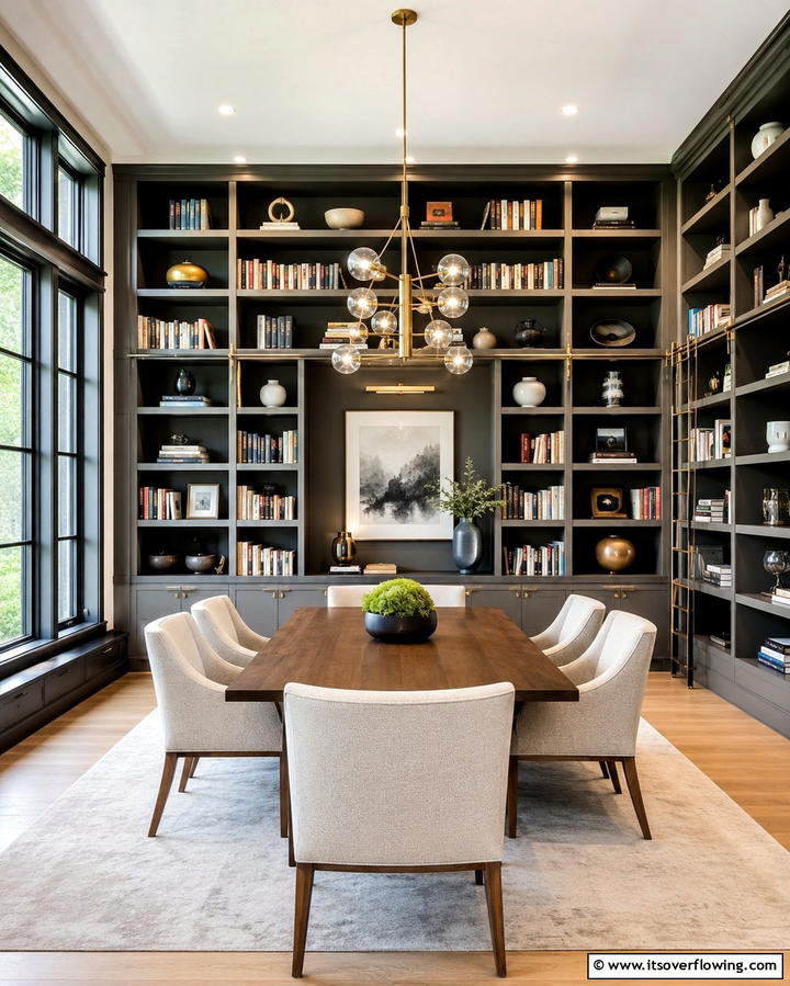 Wall to Wall Bookshelves - 25 Library Dining Room Combo Ideas for Book Lovers