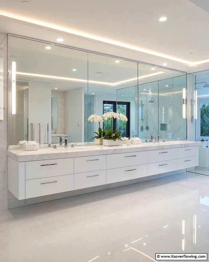 Wall to Wall Expansive Mirror - 21 Stunning Bathroom Mirror Ideas to Enhance Your Vanity Area