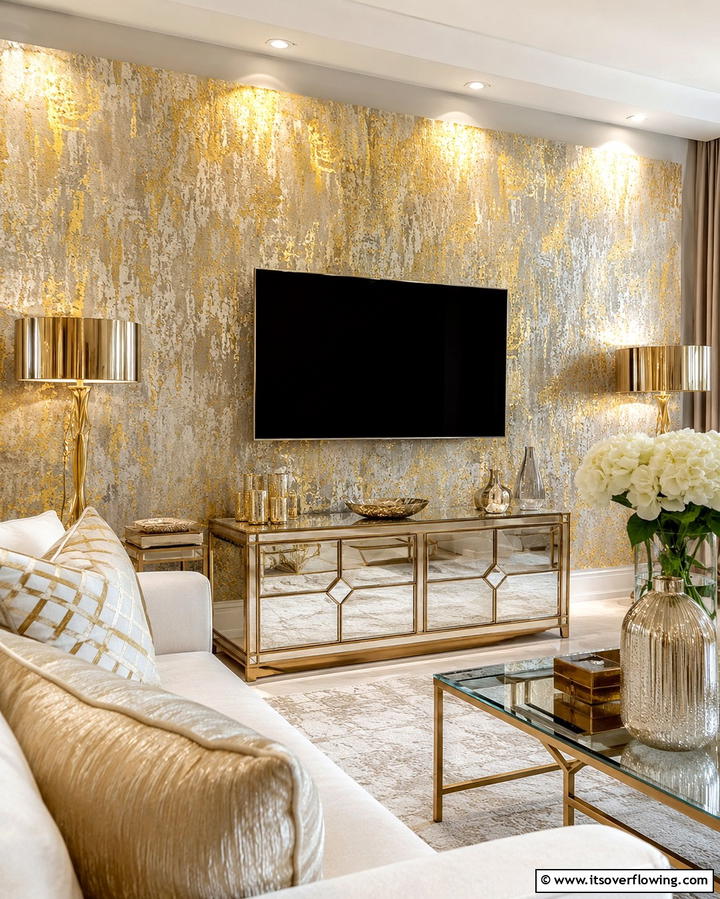 Wallpaper with Metallic Accents - 20 TV Accent Wall Ideas to Enhance Your Space