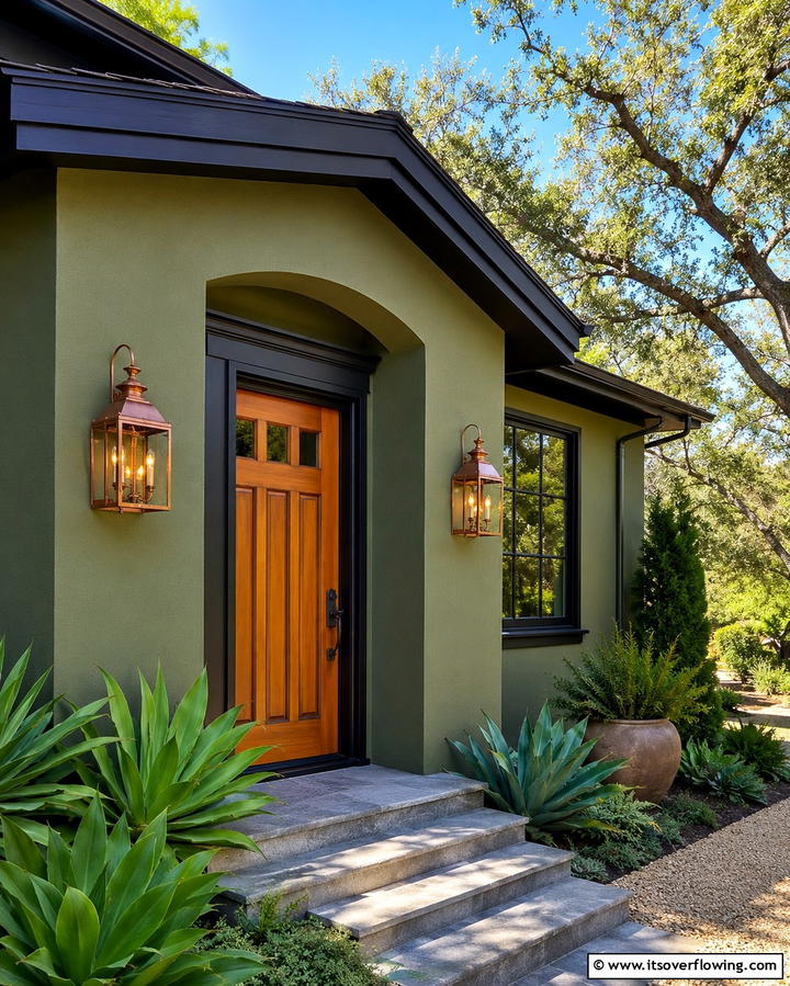 Warm Accents for Balance - 25 Green House Exterior With Black Trim Ideas