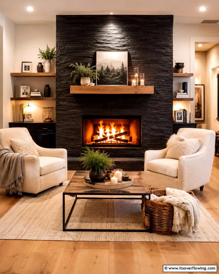 Warm Ambient Glow - 30 Bold Black Fireplace Ideas to Elevate Your Living Room