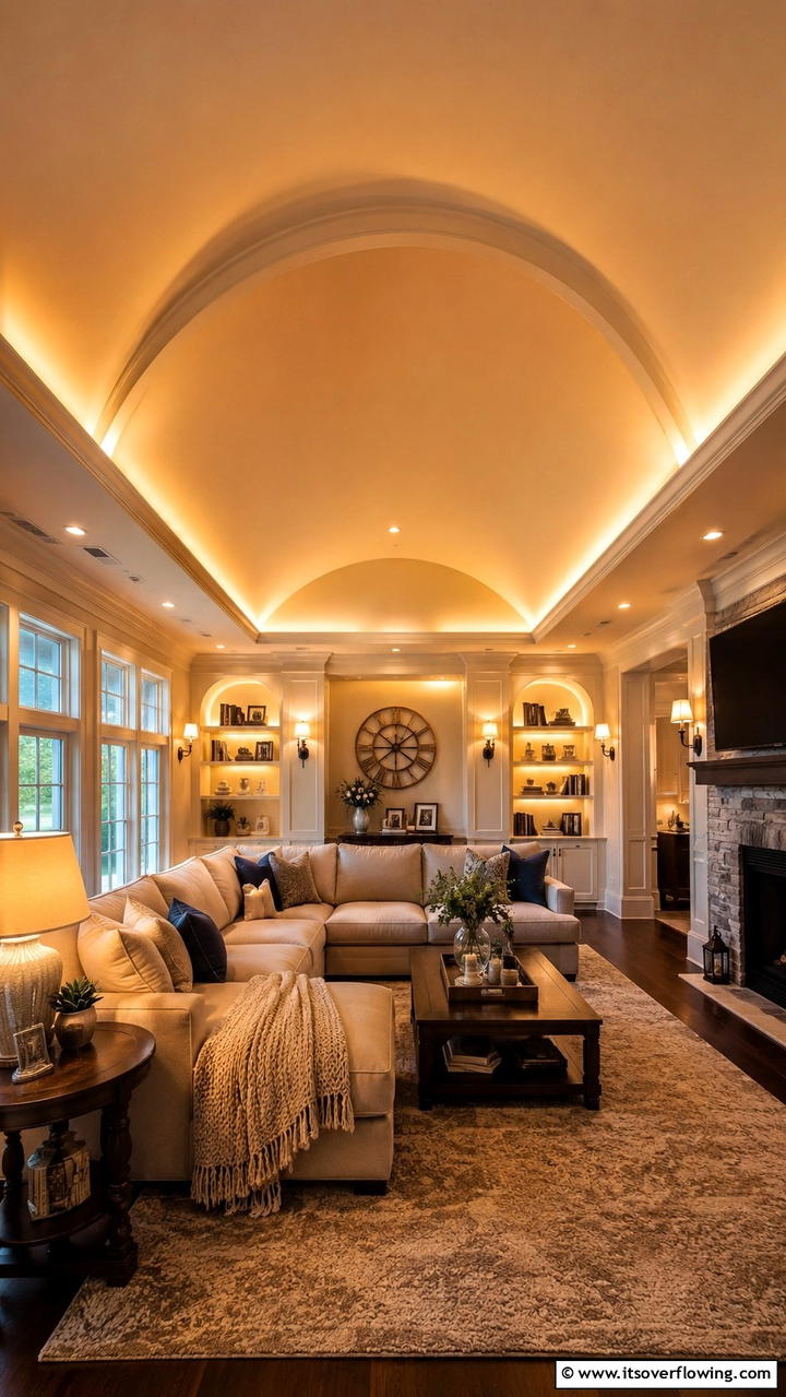 Warm Ambient Lighting - 21 Dramatic Vaulted Ceiling Ideas to Enhance Living Spaces