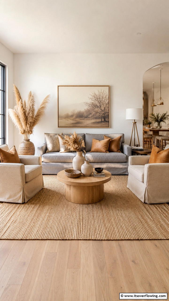 Warm Beige Accents - 30 Grey and Beige Living Room Ideas- Warm Minimalist Designs