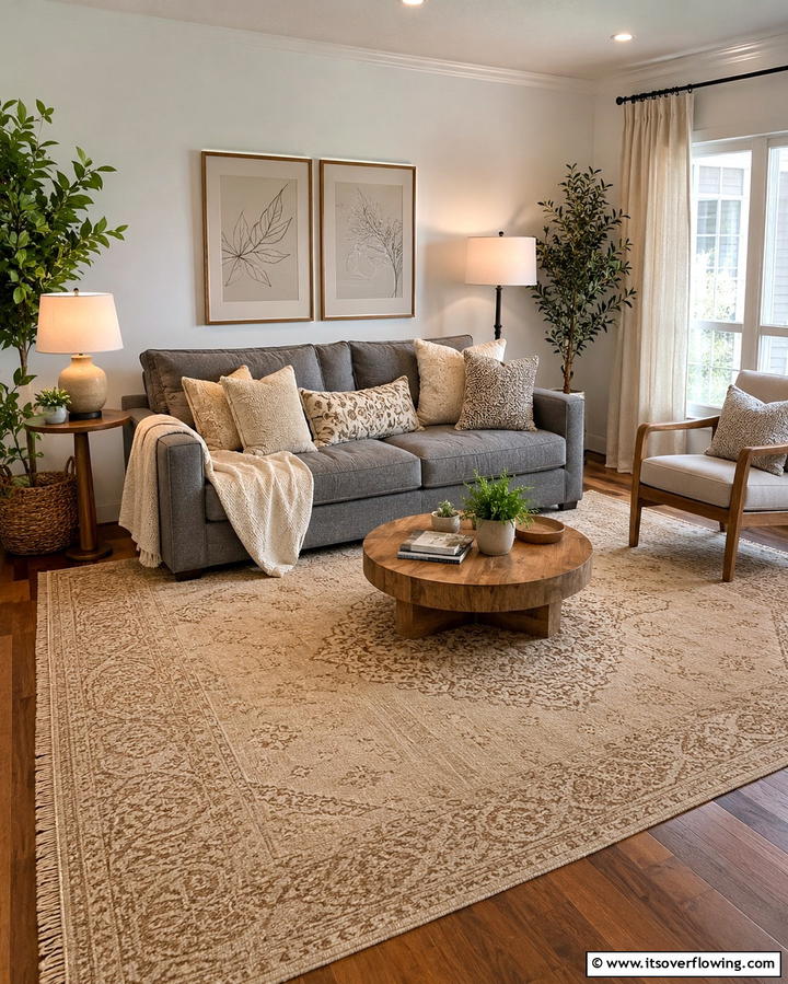Warm Beige Rug for a Cozy Atmosphere - 20 Perfect Rug Colors to Pair with a Grey Couch for Any Room