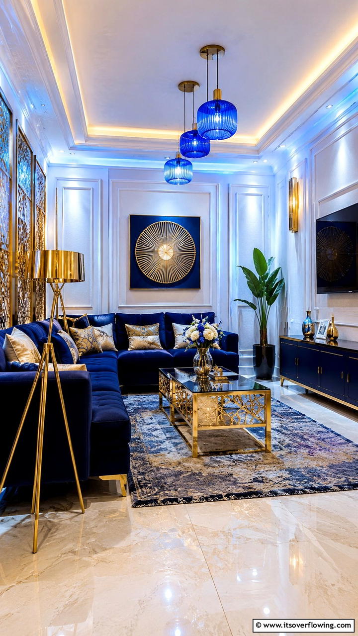 Warm Blue Lighting with Gold Elements - 30 Stunning Blue and Gold Living Room Ideas for Elegant Spaces