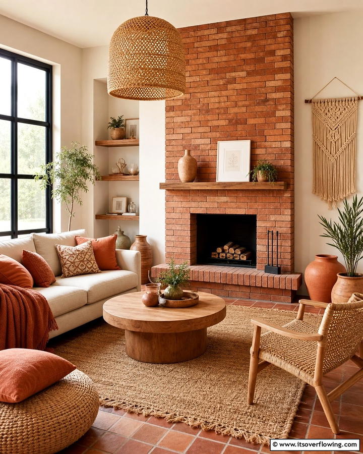 Warm Brick Accent - 21 Rustic Brick Fireplace Ideas for Warm Living Rooms