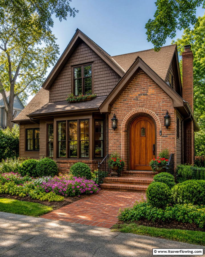 Warm Chocolate Brown with Red Brick Elements - 20 Chocolate Brown House Exterior Design Ideas