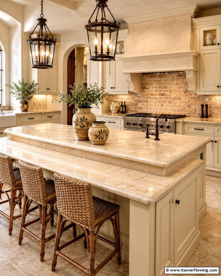 Warm Crema Marfil Marble Countertops - 25 Marble Kitchen Countertops for Elegant Homes
