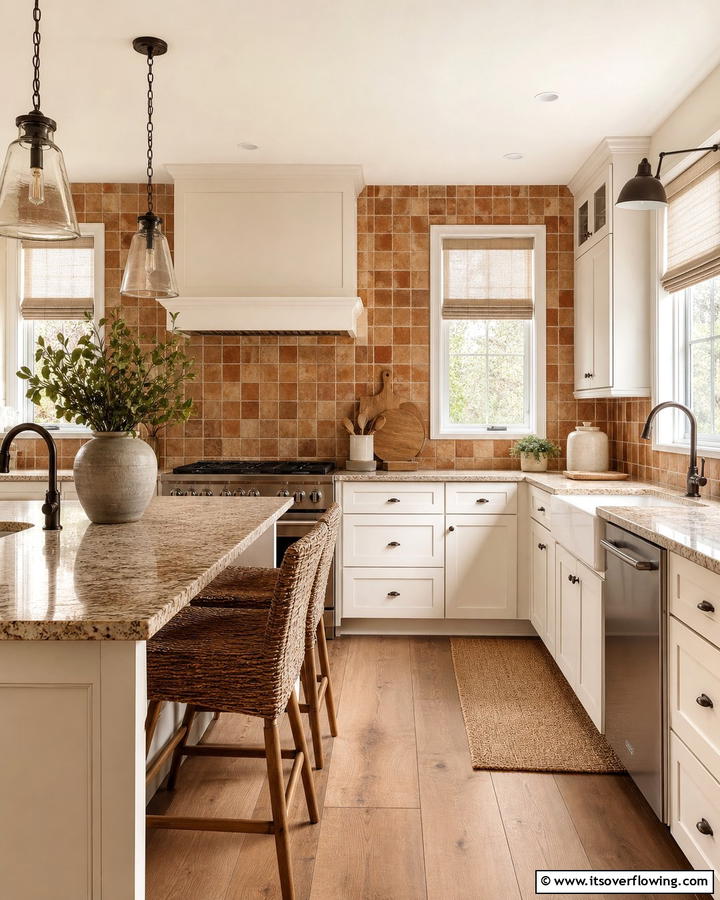 Warm Earth Tones - 21 Backsplash Ideas for White Cabinets and Granite Counters