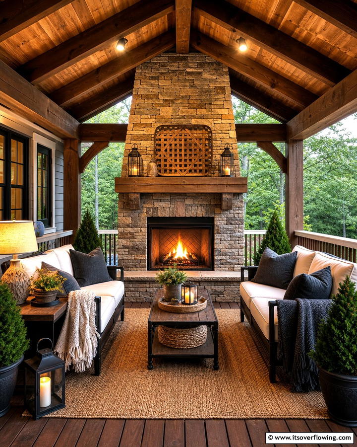 Warm Fireside Nook - 21 Covered Porch Ideas for Year-Round Outdoor Comfort