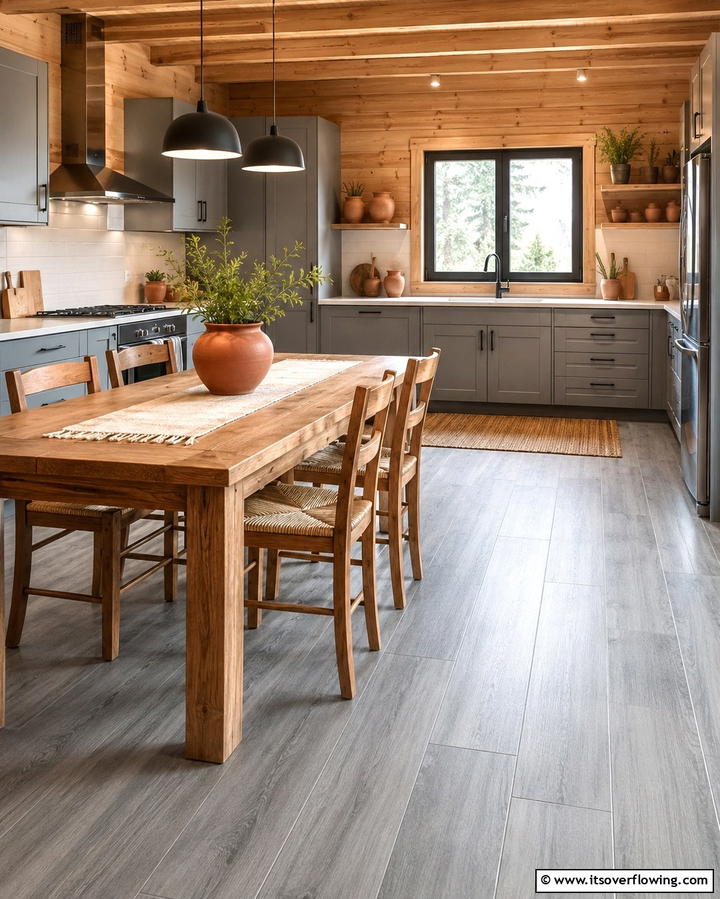 Warm Grey Kitchen with Wooden Elements - 30 Kitchens with Grey Floors- Sleek & Modern Flooring Ideas