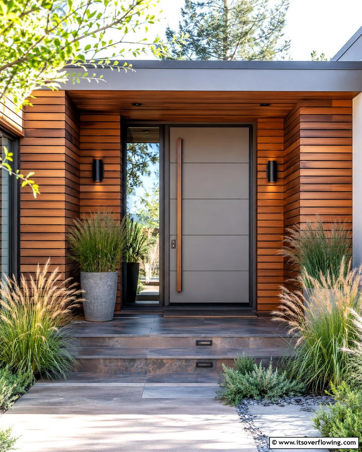 Warm Grey with Wooden Accents - 25 Grey Front Door Ideas for a Chic and Modern Entryway