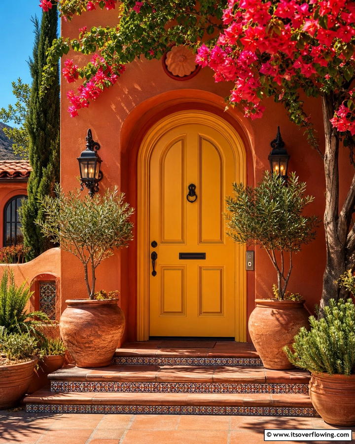 Warm Harmony with Terracotta Walls - 20 Mustard Yellow Front Door Ideas for a Bold Entrance