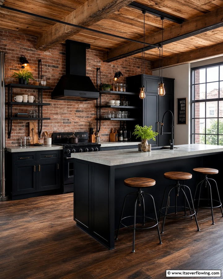 Warm Industrial Charm - 21 Kitchens With Black Cabinets- Bold & Timeless Designs