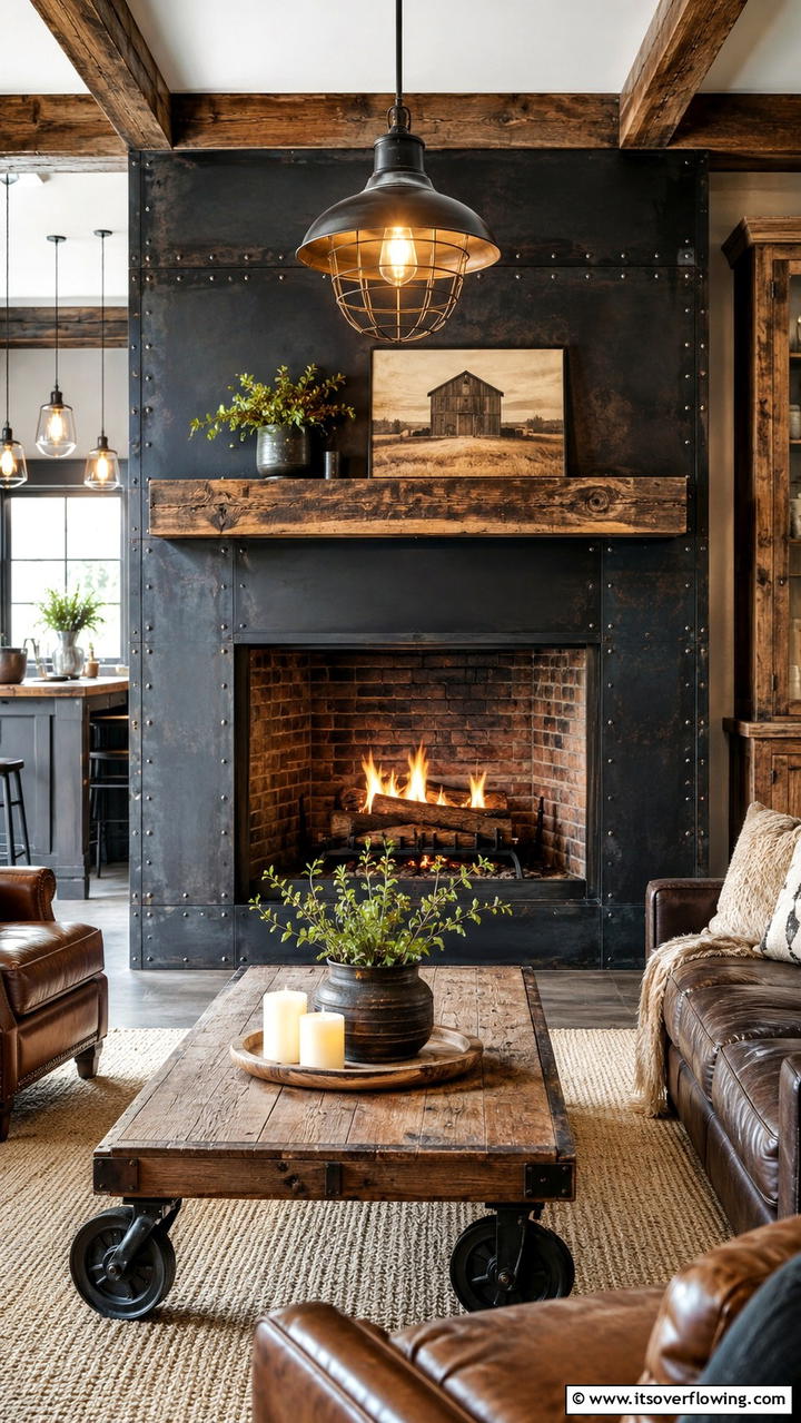 Warm Industrial Edge - 30 Farmhouse Fireplace Ideas for Cozy Living Spaces
