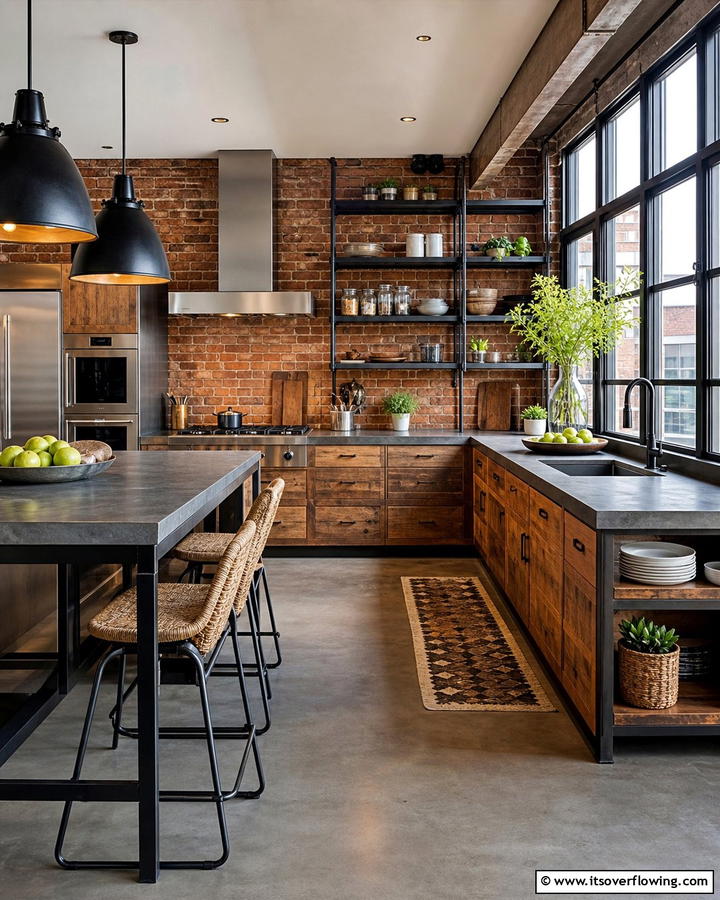 Warm Industrial U Shaped Kitchen with Exposed Elements - 30 U-Shaped Kitchen Ideas for Optimal Layout and Storage