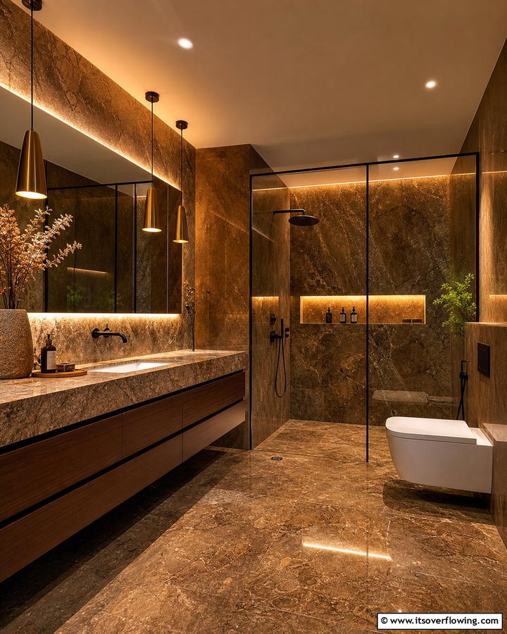 Warm Lighting Accents for Brown Granite - 20 Elegant Brown Granite Bathroom Ideas for a Luxurious Look