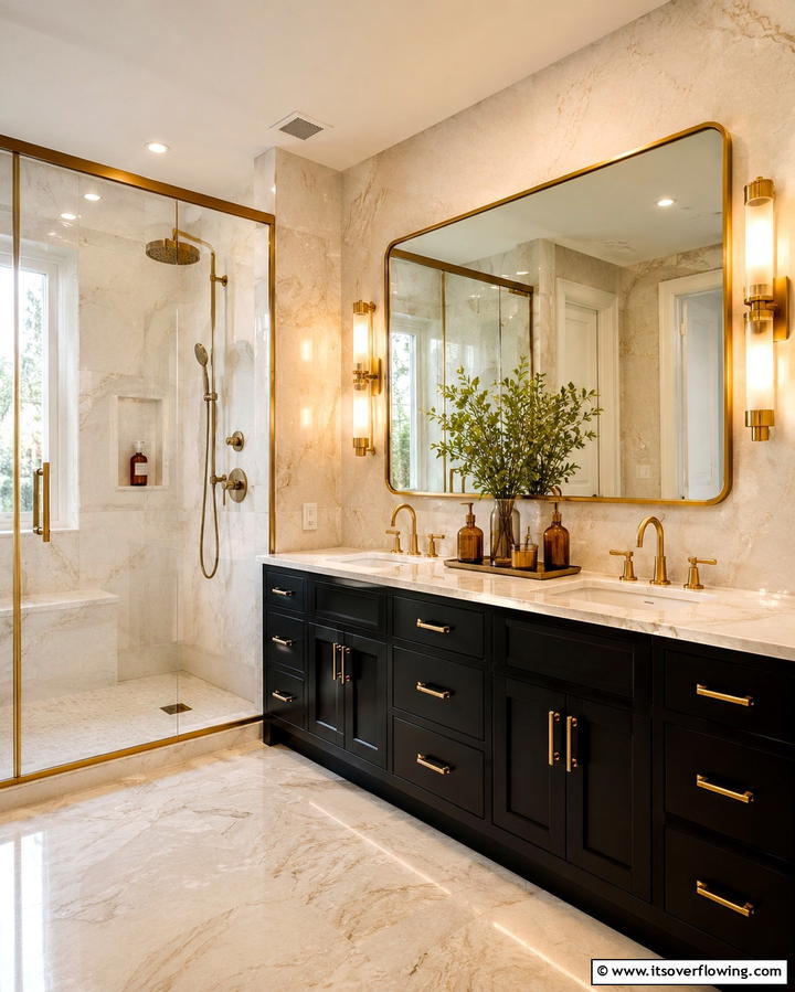 Warm Metallic Accents - 30 Black Cabinet Bathroom Ideas for Dramatic Modern Spaces