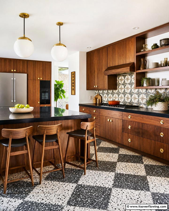 Warm Mid Century Modern Design - 25 Brown Kitchen Cabinets With Black Countertops