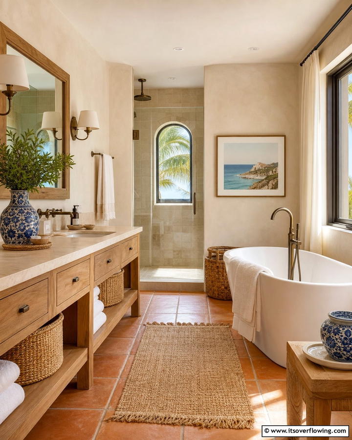 Warm Neutral Color Palette - 20 Mediterranean Bathroom Ideas for a Relaxing Retreat