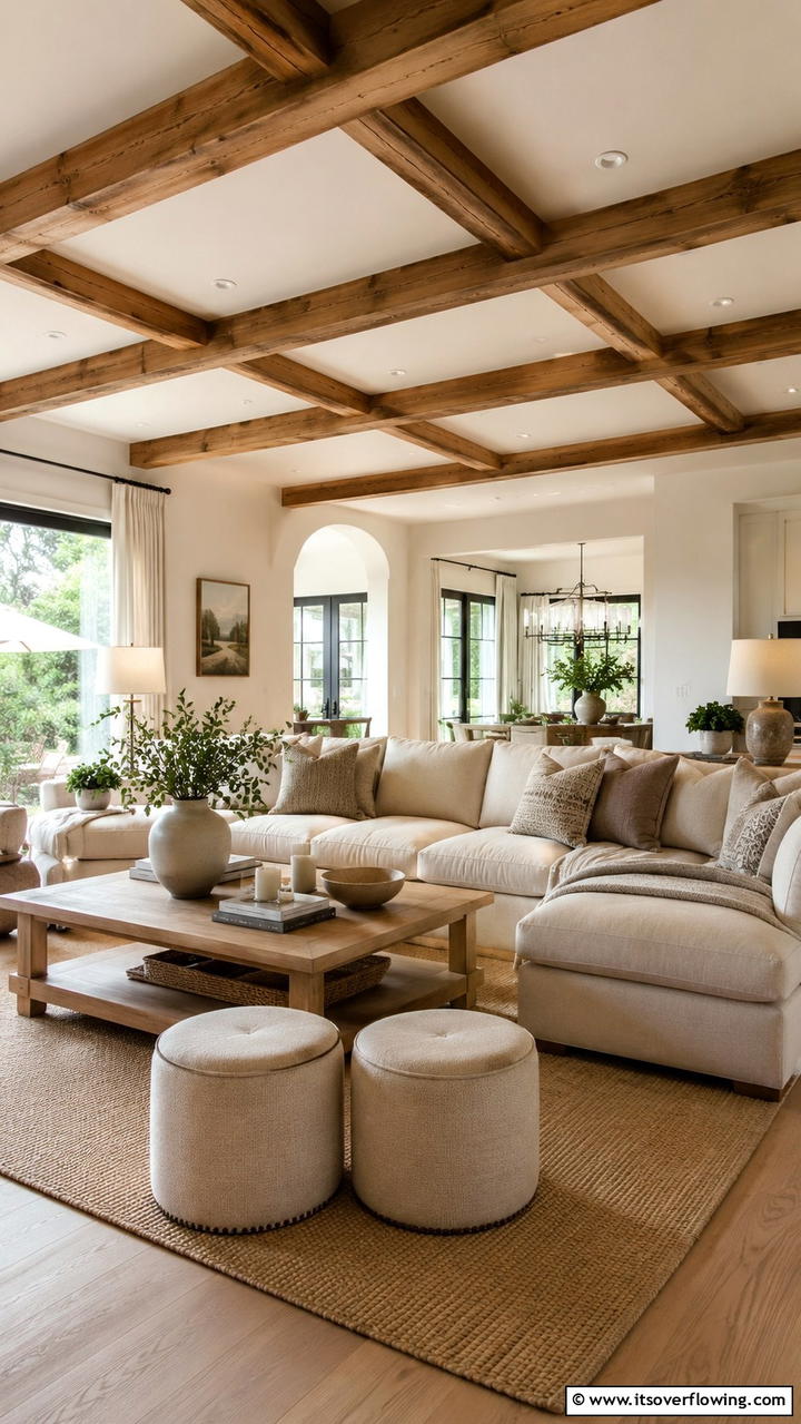 Warm Neutral Palette - 30 Exposed Beam Living Room Ideas for Rustic Charm