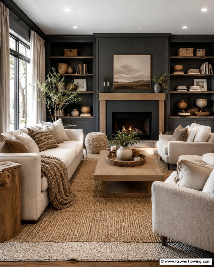 Warm Neutrals Contrast - 30 Striking Contrasting Living Rooms Featuring Dark Grey Walls