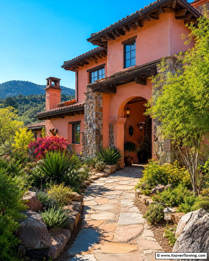 Warm Pink with Stone Accents - 25 Pink House Exterior Ideas for a Charming Look