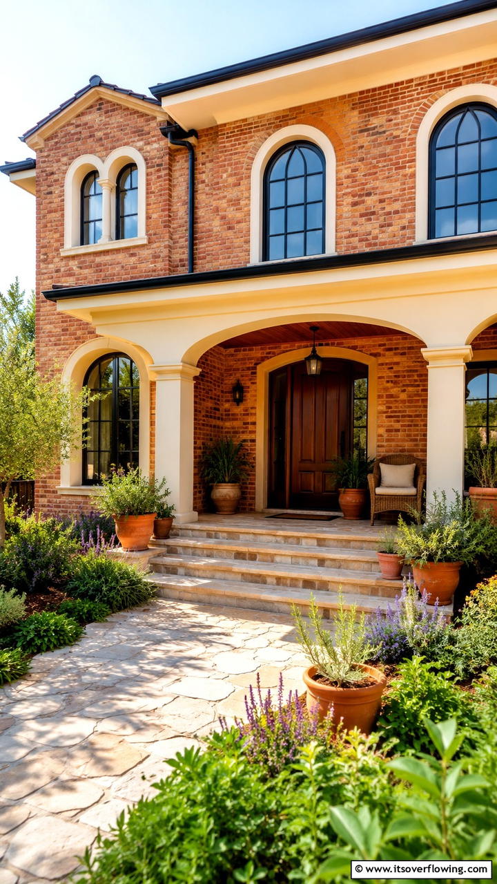 Warm Terracotta Brick with Soft Beige Paint - 30 Exterior Brick and Paint Color Combinations