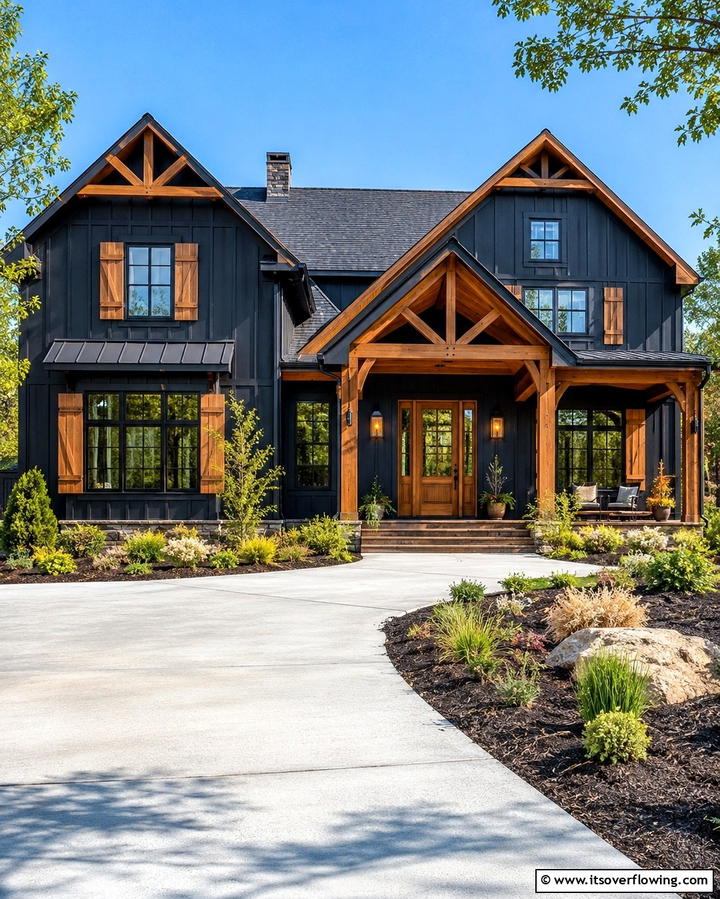 Warm Wood Accents - 25 Black Modern Farmhouse Exterior Design Ideas