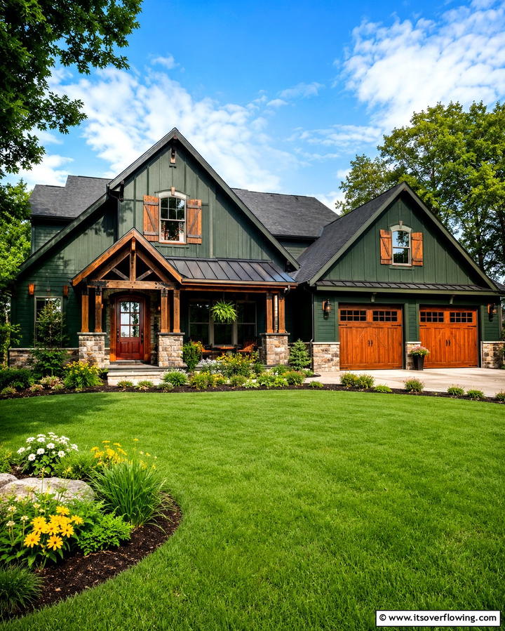 Warm Wood Accents - 30 Stunning Dark Green Exterior House Designs for Curb Appeal