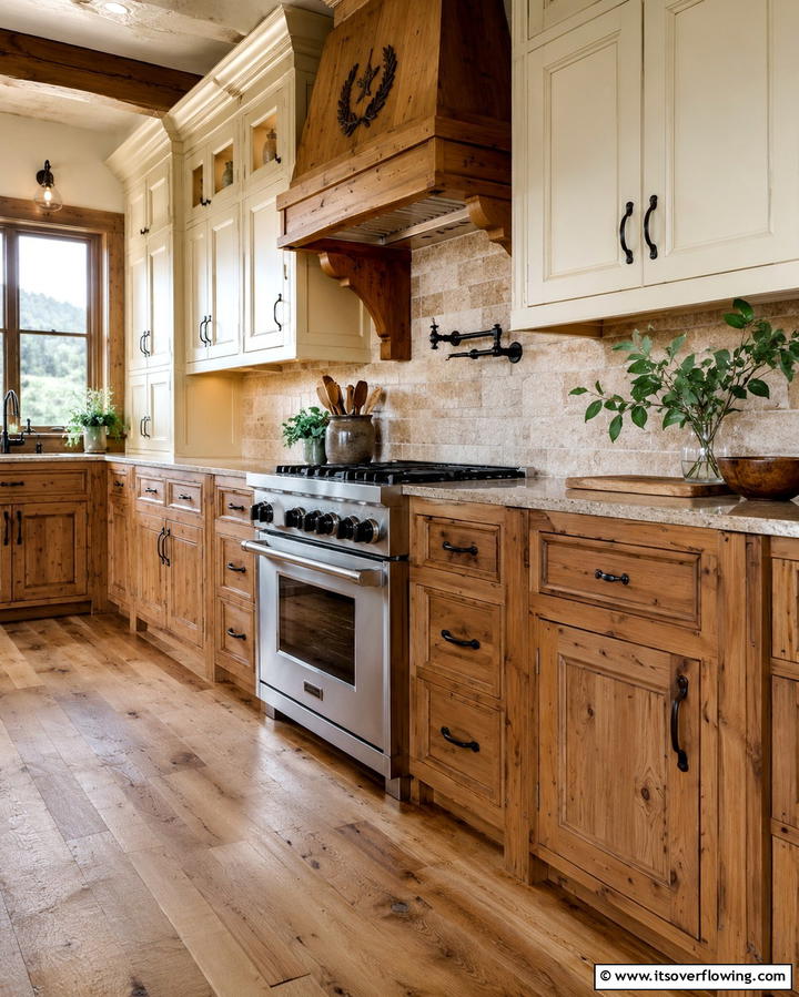 Warm Wood and Cream Contrast - 25 Two-Tone Kitchen Cabinet Ideas for a Modern Look