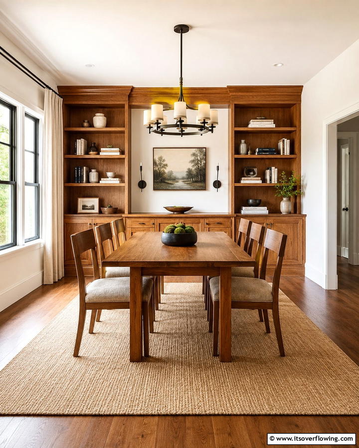 Warm Wooden Accents - 25 Library Dining Room Combo Ideas for Book Lovers