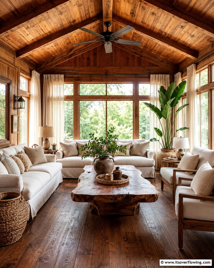 Warm Wooden Oasis - 30 Farmhouse Sunroom Ideas for Cozy and Light-Filled Relaxation