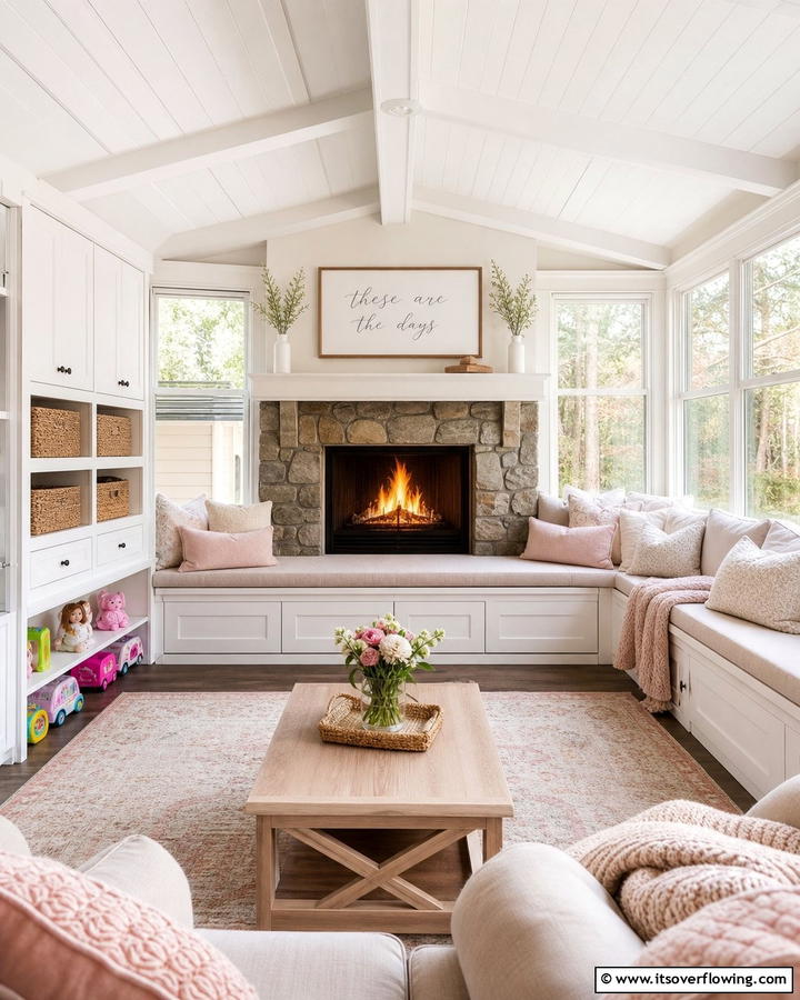 Warm and Inviting Sunroom with Family Friendly Fireplace - 30 Sunroom With Fireplace Ideas for Year-Round Comfort