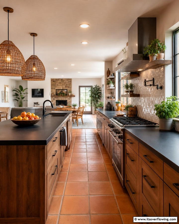 Warm and Inviting with Earthy Tones - 20 Kitchen Ideas with Brown Cabinets and Black Countertops